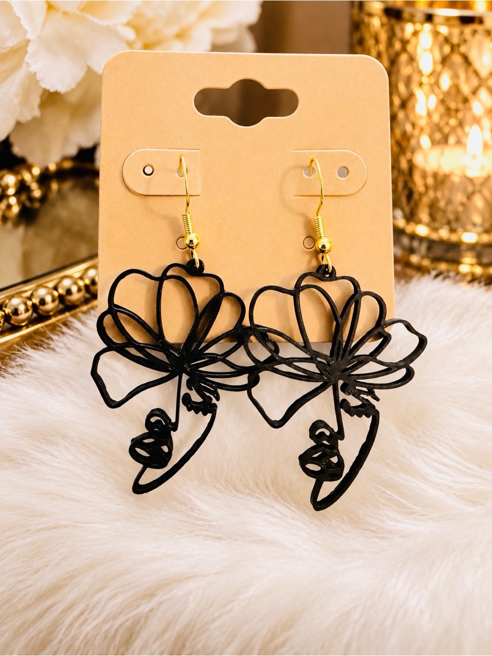 Black Floral Face Outline Dangle Earrings - Women Jewelry